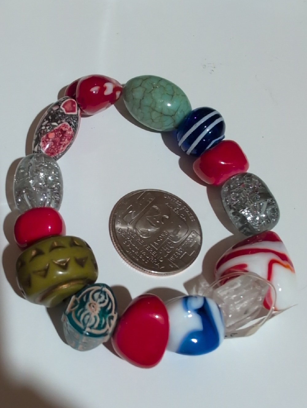 Handmade Multicolor Glass Bead Stretch Bracelet - Turquoise, Blue, Green, red - Picture 7 of 11